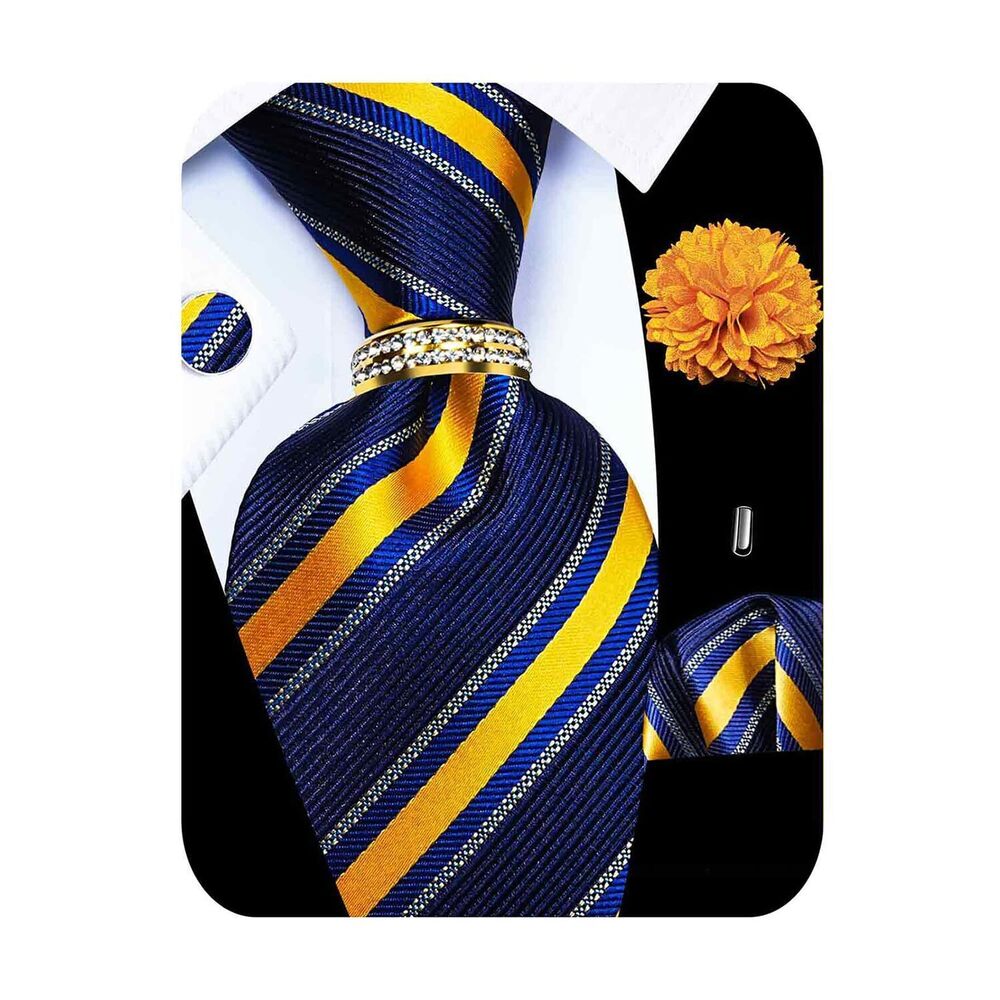 8844 5PCS Gold Blue Striped Tie Pocket Square , Silk Necktie